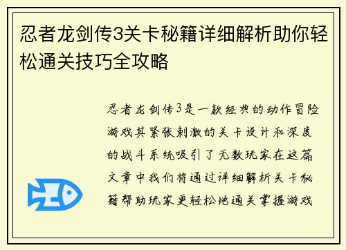 忍者龙剑传3关卡秘籍详细解析助你轻松通关技巧全攻略